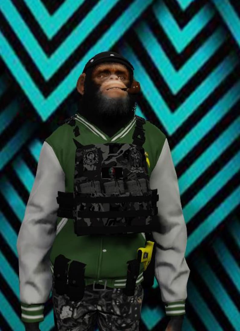 May include: A chimpanzee wearing a green and white letterman jacket, a black cap, and a tactical vest with a camouflage pattern. The chimp is smoking a pipe. The background is a teal and black geometric pattern.