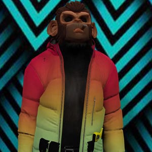 May include: A person wearing a monkey mask and a gradient puffer jacket. The jacket transitions from red at the top to yellow and green at the bottom. The person is also wearing a black turtleneck.