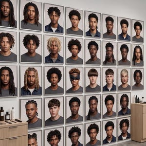 May include: A collection of framed portraits on a wall, displaying a variety of hairstyles. The portraits show different haircuts, such as dreadlocks, afros, and fades. The images are in a salon, with grooming products and tools visible.