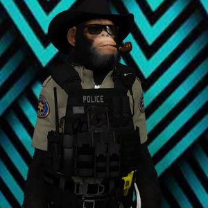 May include: A chimpanzee wearing a black cowboy hat, sunglasses, and a pipe, dressed in a police uniform with a tactical vest. The vest has the word "POLICE" printed on it. The background features a teal and black geometric pattern.
