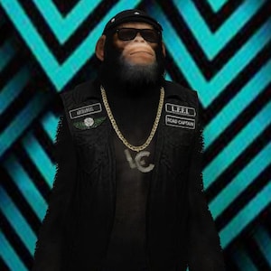 May include: A digitally created image of a chimpanzee wearing sunglasses, a black cap, and a black vest. The vest has patches that read "ARCHANGEL" and "L.F.E.L ROAD CAPTAIN". A gold chain with a pendant hangs around its neck. The background has a teal and black geometric pattern.