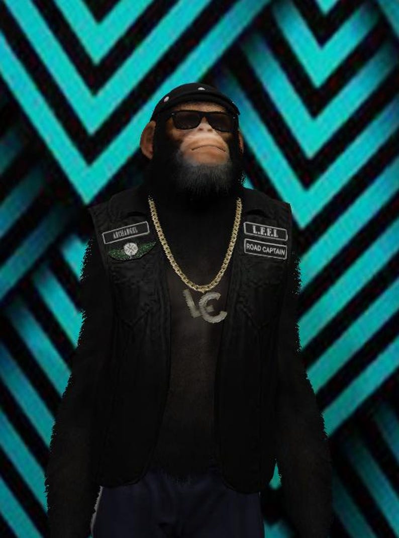 May include: A digitally created image of a chimpanzee wearing sunglasses, a black cap, and a black vest. The vest has patches that read "ARCHANGEL" and "L.F.E.L ROAD CAPTAIN". A gold chain with a pendant hangs around its neck. The background has a teal and black geometric pattern.