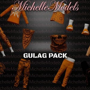 以下が含まれることがあります： オレンジ色の服の品揃え。Tシャツ、長袖シャツ、パンツ、バンダナ、スカルマスク、靴下、パーカー、キャップなど。テキスト「GULAG PACK」は白で表示されています。「Michelle Models」のブランド名も表示されています。