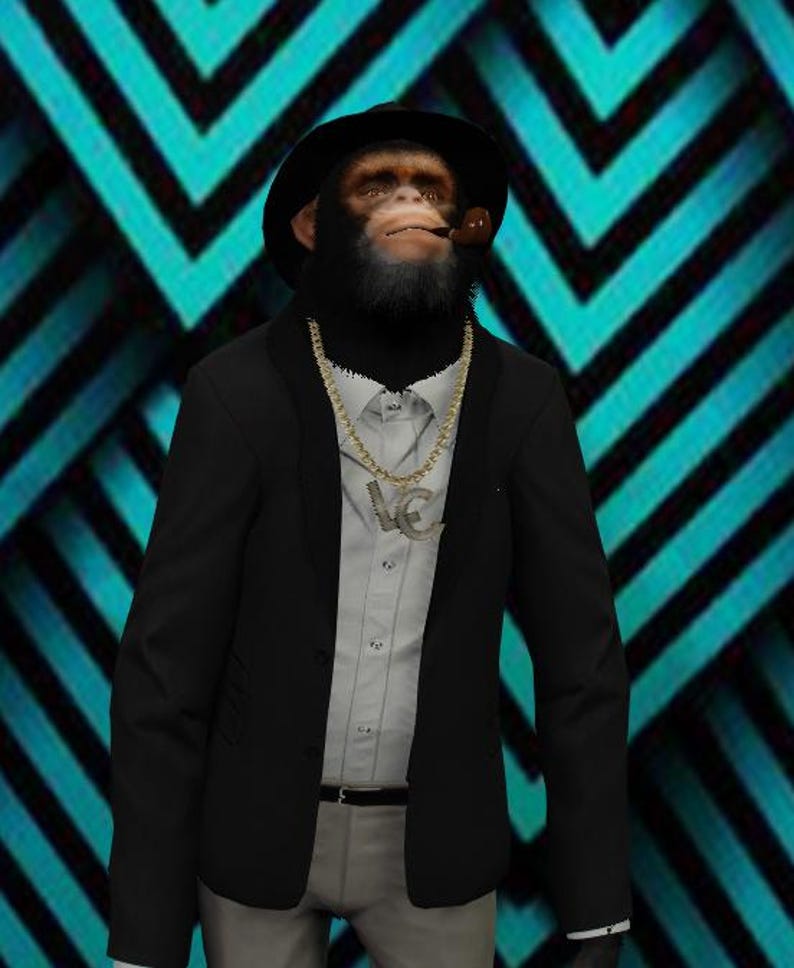 May include: A chimpanzee wearing a black hat, blazer, and gold chain, smoking a pipe. The background features a teal and black geometric pattern. The chain has a pendant with the letters "LC".