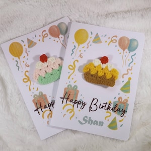 Cartão de aniversário de crochê feito à mão ｜ Design fofo de bolo de lã | Cartão de feliz aniversário | Mensagem personalizada disponível
