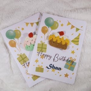 Cartão de aniversário de crochê feito à mão ｜ Design fofo de bolo de lã | Cartão de feliz aniversário | Mensagem personalizada disponível