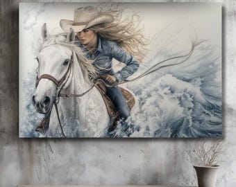 Cowgirl on White Horse Canvas Art Print: Equestrian Western Decor