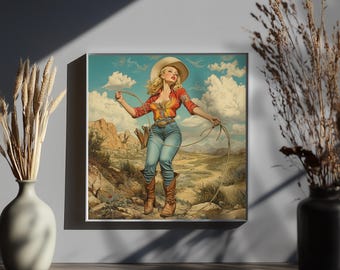 affiche de cow-girl vintage, décoration d'intérieur western, impression d'art fille rodéo