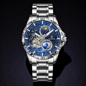 Rotating Earth Mechanical Watch – Men’s Starry Sky Automatic Wristwatch with Double Second Hand