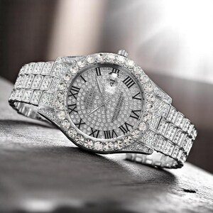Montre bling pour homme - Montre-bracelet de luxe à quartz couleur or de style diamant, cadeau glacé style rappeur