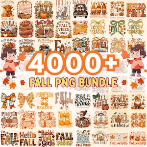 Puede incluir: Una colección digital de más de 4000 gráficos PNG con temática otoñal que incluyen calabazas, gnomos, esqueletos, lazos y hojas con textos como Fall Vibes, Pumpkin Season y Hello Fall, presentados en una cuadrícula con dos niños.
