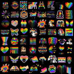 May include: A collection of diverse pride-themed stickers featuring rainbow colors, hearts, animals, butterflies, skulls, and inspirational text like Pride, Love is Love, and Free Hugs, all arranged in a grid pattern on a solid black background.