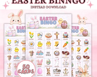 Bingo de Pâques à imprimer | 50 cartes de bingo de Pâques + cartes de visite | Jeu Fête de Pâques pour enfants | Activité de Pâques en classe | Téléchargement instantané