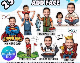 Plus de 25 fichiers PNG avec visage pour la fête des pères | de Caricature de papa amusant sur toile | Modèle photo de visage personnalisé | Téléchargement numérique | Cadeau pour papa