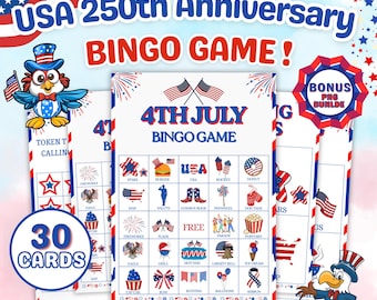 Jeu de bingo du 4 juillet imprimable | 30 cartes de bingo pour enfants et adultes | Fête de l'Indépendance Jeu | Activité de barbecue patriotique | Téléchargement instantané