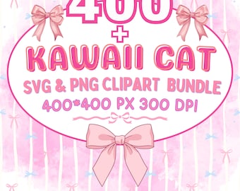 Plus de 400 cliparts PNG chat mignon rose | Noeuds de chaton dessin animé kawaii | Graphismes pastel girly à sublimation | Pack de téléchargement numérique