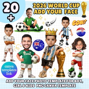 Puede incluir: Una plantilla gráfica digital que presenta más de 20 personajes de jugadores de fútbol estilo caricatura personalizables con cabezas grandes y varios uniformes nacionales, incluyendo balones, un trofeo dorado y el texto 2026 WORLD CUP ADD YOUR FACE.
