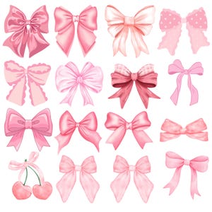 May include: A collection of sixteen digital illustrations of pink bows in various shapes and styles, including solid, polka-dotted, and checkered patterns, along with a pair of pink cherries tied with a ribbon, arranged in a four-by-four grid.