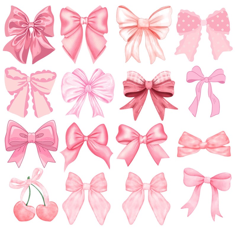 May include: A collection of sixteen digital illustrations of pink bows in various shapes and styles, including solid, polka-dotted, and checkered patterns, along with a pair of pink cherries tied with a ribbon, arranged in a four-by-four grid.