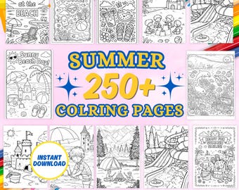 Lot de pages à colorier d'été imprimables au format PDF | Plus de 250 feuilles à colorier pour enfants | Pack d'activités d'été | Livre de coloriage de plage | Feuilles de calcul pour les vacances