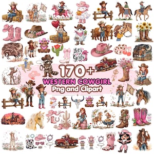 Può includere: Una collezione di oltre 170 illustrazioni digitali con cowgirl, cavalli, stivali western, cappelli, cactus e camion. Le grafiche includono vari personaggi, animali e accessori a tema western con il testo 170+ WESTERN COWGIRL Png and Clipart.