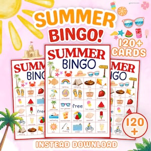 May include: Summer Bingo game cards with a beach theme. The cards feature colourful illustrations of summer-related items like ice cream, watermelon, and sunglasses. The text "Summer Bingo" is prominently displayed, along with "120+ cards."