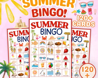 Jeu de 60 cartes de bingo d'été à imprimer pour les enfants et la famille - activité estivale en classe, jeu de fête des vacances PDF, téléchargement immédiat