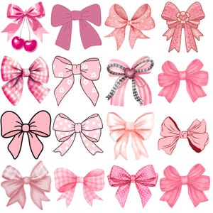 May include: A collection of sixteen decorative bows in various shades of pink, featuring diverse patterns including gingham, polka dots, floral motifs, and solid colors, with some designs incorporating cherries or heart-shaped accents.