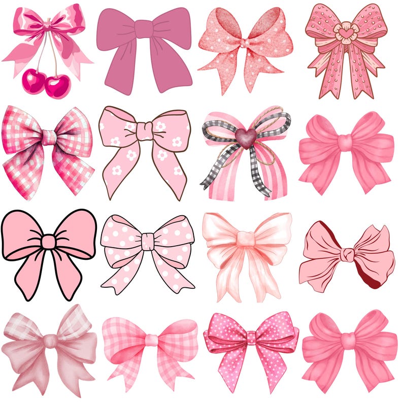 May include: A collection of sixteen decorative bows in various shades of pink, featuring diverse patterns including gingham, polka dots, floral motifs, and solid colors, with some designs incorporating cherries or heart-shaped accents.