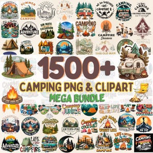 Pode incluir: Uma coleção digital de mais de 1500 gráficos PNG e cliparts com tema de acampamento, apresentando ilustrações de tendas, fogueiras, veículos recreativos, montanhas, florestas e vários slogans de aventura ao ar livre em designs coloridos.