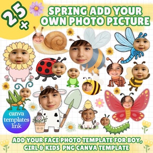 Puede incluir: Una plantilla de arte digital con el texto "SPRING ADD YOUR OWN PHOTO PICTURE". La imagen presenta varios insectos y animales de dibujos animados con caras, incluyendo un caracol, una abeja, una mariquita y una mariposa. También está presente el texto "ADD YOUR FACE PHOTO TEMPLATE FOR BOY, GIRL & KIDS PNG CANVA TEMPLATE".