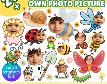 Ensemble de printemps Ajoutez votre visage PNG Modèles d'insertion de grimaces Cadres photo sur toile modifiables pour enfants et adultes Cadres photo de fête de printemps à faire soi-même