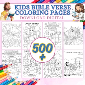 Può includere: Una raccolta di oltre 500 pagine da colorare digitali con versetti biblici per bambini, con illustrazioni in bianco e nero di scene bibliche tra cui la Natività, la regina Ester, Davide, l'arca di Noè, il fiume Giordano, Daniele e Gerico.