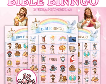 Jeu de bingo biblique imprimable – 50 cartes + cartes de visite | Activité pour enfants chrétiens | Jeu d'école du dimanche | Jeux bibliques pour l'église | PDF instantané