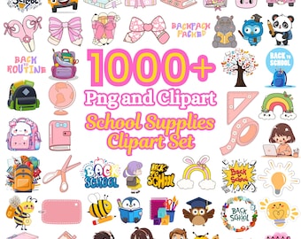 Mega rentrée scolaire PNG Bundle plus de 1000 cliparts, dessin animé mignon autobus scolaire sac à dos noeud animaux, cadeau enseignant, sublimation Cricut, PDF numérique