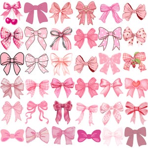 May include: A collection of thirty-six illustrated bows in various shades of pink, featuring diverse patterns including polka dots, stripes, gingham, and solid colors, with some designs incorporating small heart motifs and cherry accents.
