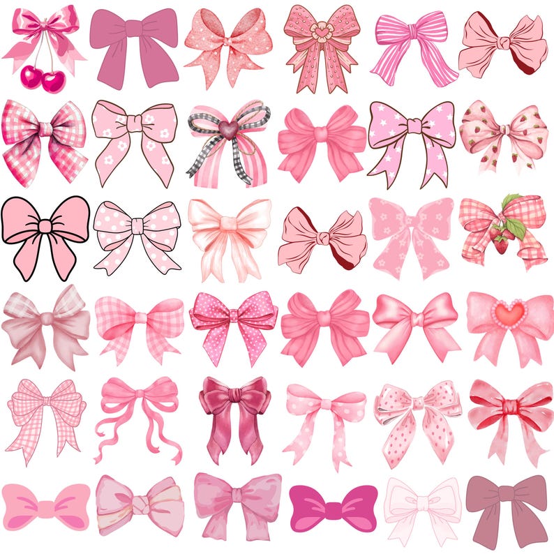 May include: A collection of thirty-six illustrated bows in various shades of pink, featuring diverse patterns including polka dots, stripes, gingham, and solid colors, with some designs incorporating small heart motifs and cherry accents.