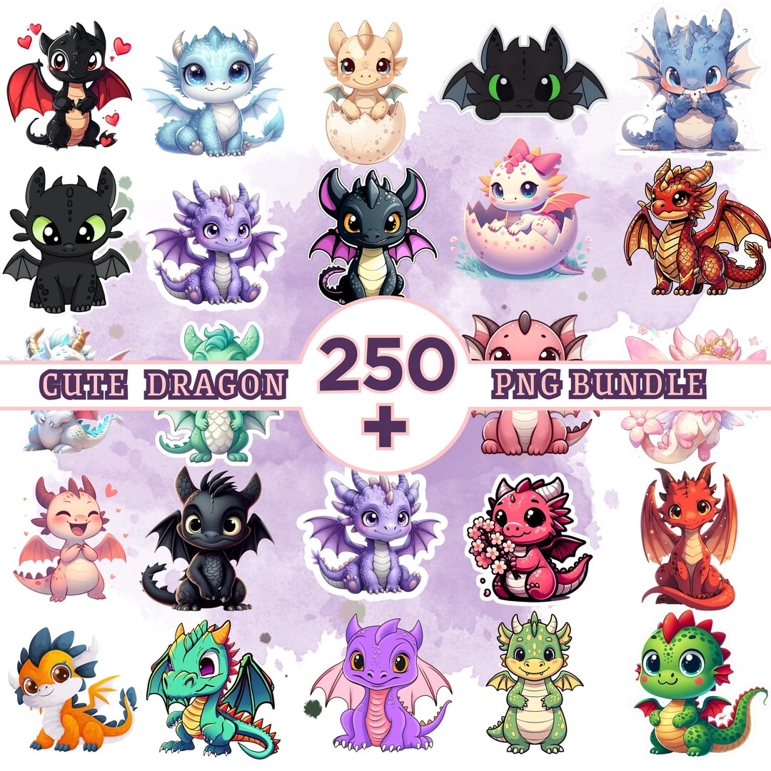 Cute Baby Dragon PNG Bundle | 250+ Kawaii Dragons Clipart | Sublimation ...