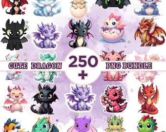 Cute Baby Dragon PNG Bundle | 250+ Kawaii Dragons Clipart | Sublimation Designs, Stickers, T-Shirt Prints, Instant Download