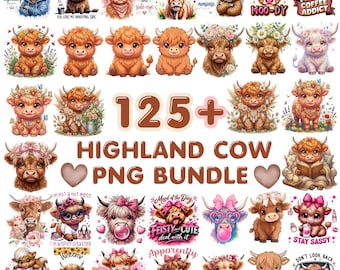 Bundle Png vache Highland, Clipart vache Highland, vache mignonne Png, Clipart animaux de la ferme, conception par sublimation, téléchargement immédiat