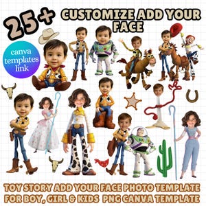 Pode incluir: Uma colagem digital com modelos de personagens de Toy Story com rostos personalizáveis. A imagem inclui personagens como Woody, Buzz Lightyear e Jessie. O texto inclui "25+ CUSTOMIZE ADD YOUR FACE" e "TOY STORY ADD YOUR FACE PHOTO TEMPLATE FOR BOY, GIRL & KIDS PNG CANVA TEMPLATE".