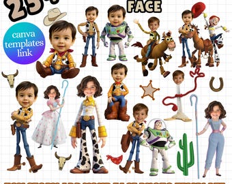 Ajouter votre visage enfants PNG Bundle, dessin animé cow-boy avatar héros de l'espace, modèle de retouche Photo toile, visage personnalisé Clipart téléchargement