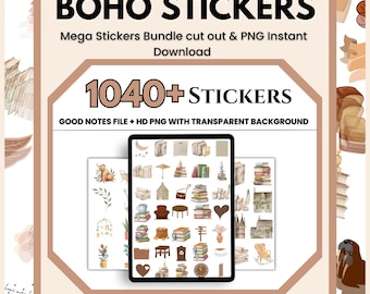 1040+ cyfrowych naklejek Boho do Goodnotes, naklejek Digital Planner, estetyki Boho, naklejek Goodnotes PNG, wstępnie przyciętych naklejek PNG