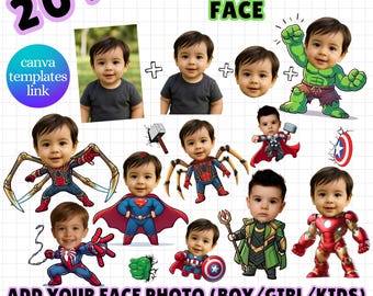 Bundle PNG de visage de super-héros personnalisé, ajoutez votre modèle de toile de visage, retouche photo pour enfants, avatar garçon fille, pack PNG en téléchargement immédiat