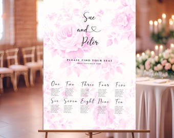Pink and White Floral Wedding Seating Chart - Instant Download, Editable Template, Canva Template, Table Seating Chart Template, Romantic,