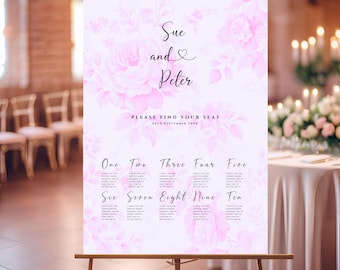 Pink Floral Wedding Seating Chart - Instant Download, Editable Template, Canva Template, Table Seating Chart Template, Romantic