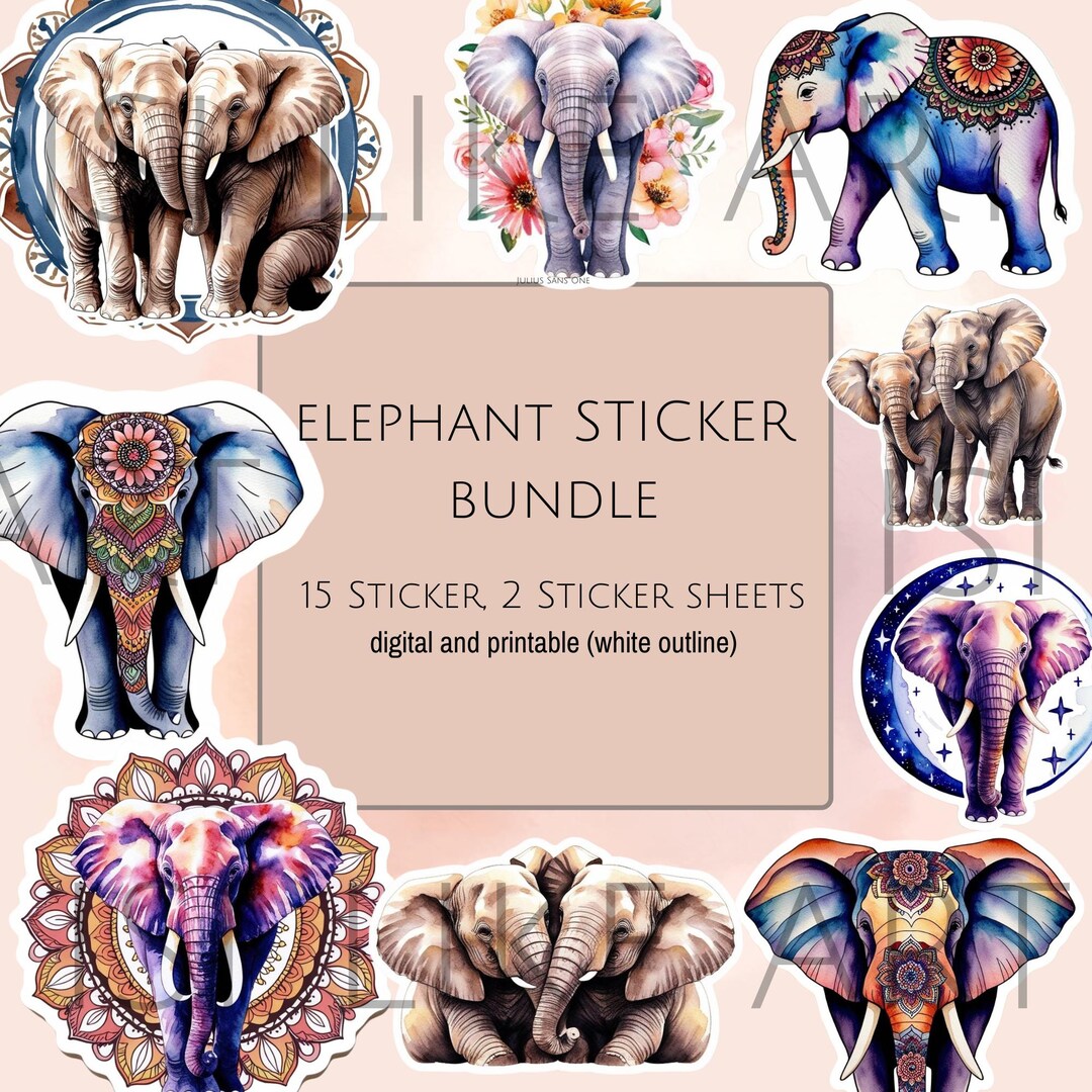 Digital Elephant Sticker Sheet Bundle Printable Sticker - Watercolor ...