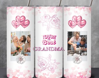 Grandma Photo Tumbler PNG Wrap Template - Pink Hearts Floral Grandma 20 oz Skinny Tumbler Sublimation Design - Gift for Grandma Gigi Nana