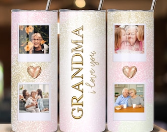Grandma Photo Tumbler PNG Wrap Template - Gold Grandma 20 oz Skinny Tumbler Sublimation Design - Customize 4 Photos - Gift for Grandma