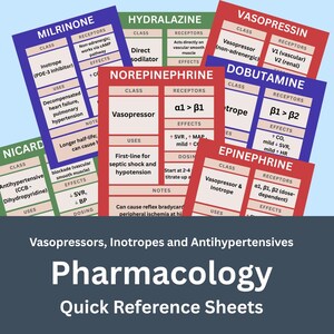 Könnte beinhalten: Schnellreferenzkarten für Pharmakologie mit Informationen zu Vasopressoren, Inotropika und Antihypertensiva. Die Karten sind farbcodiert und enthalten Details zu Wirkstoffklassen, Rezeptoren, Wirkungen und Anwendungen.